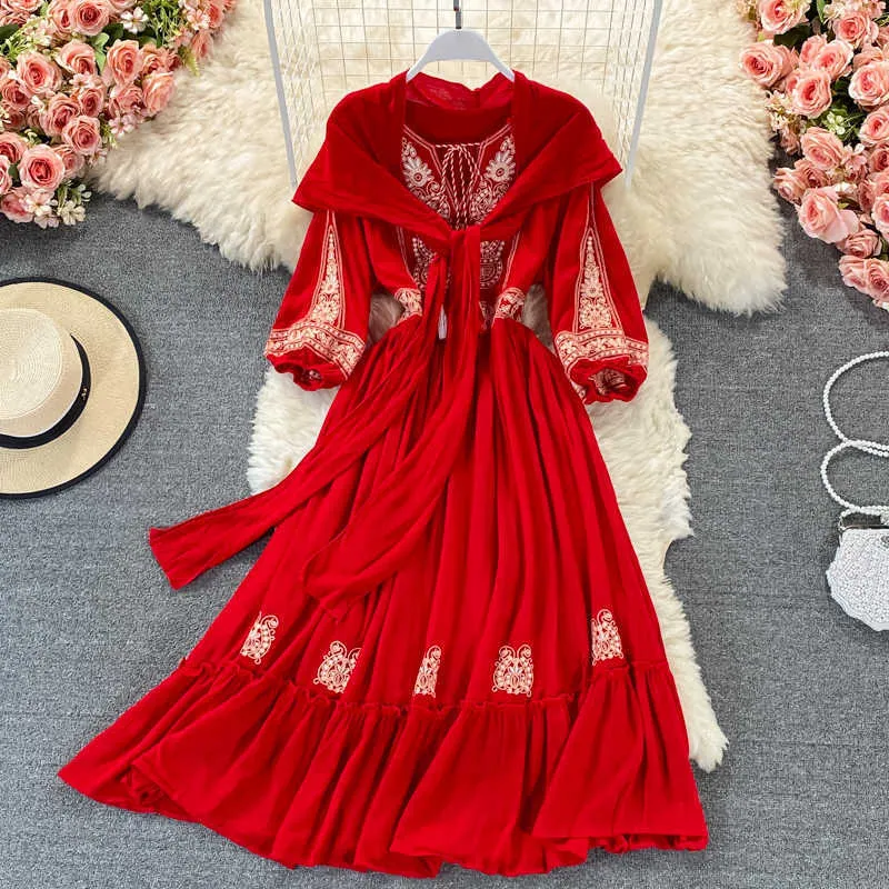 Bohemian White/Yellow/Red Embroidered Dress Women Scarf Collar Puff Long Sleeve Elegant High Waist Vestidos 2021 Female Robe New Y0603