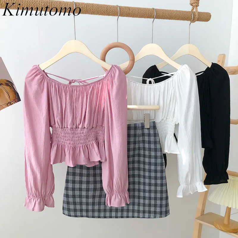 Kimutomo Primavera Mulheres Camisas Blusas Estilo Coreano Meninas Slash Decote Flare Manga Sólida Volta Lace-up Curto Tops Casual 210521