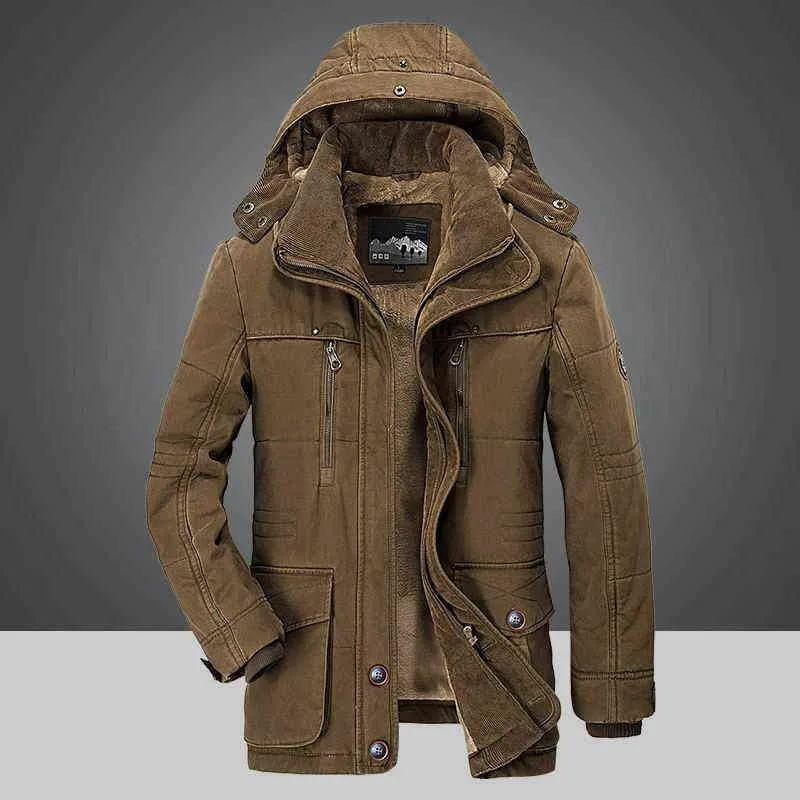 Veste d'hiver pour hommes Parka mi-longue Plus velours épais chaud multi-poches vestes solides Parkas mâle manteau grande taille vêtements 211204