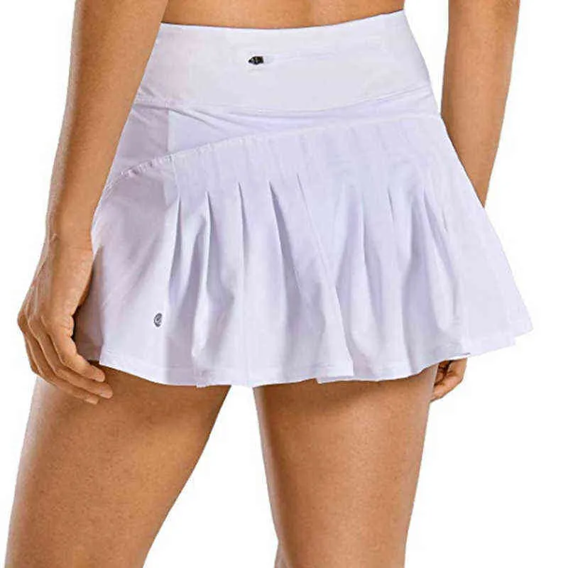 2021 Kvinnor Tennis Skorts Sport Athletic Yoga Shorts Kjol Solid Färg Anti Exponering Fitness Hög Midja Shorts Kvinna Sportkläder Y220311