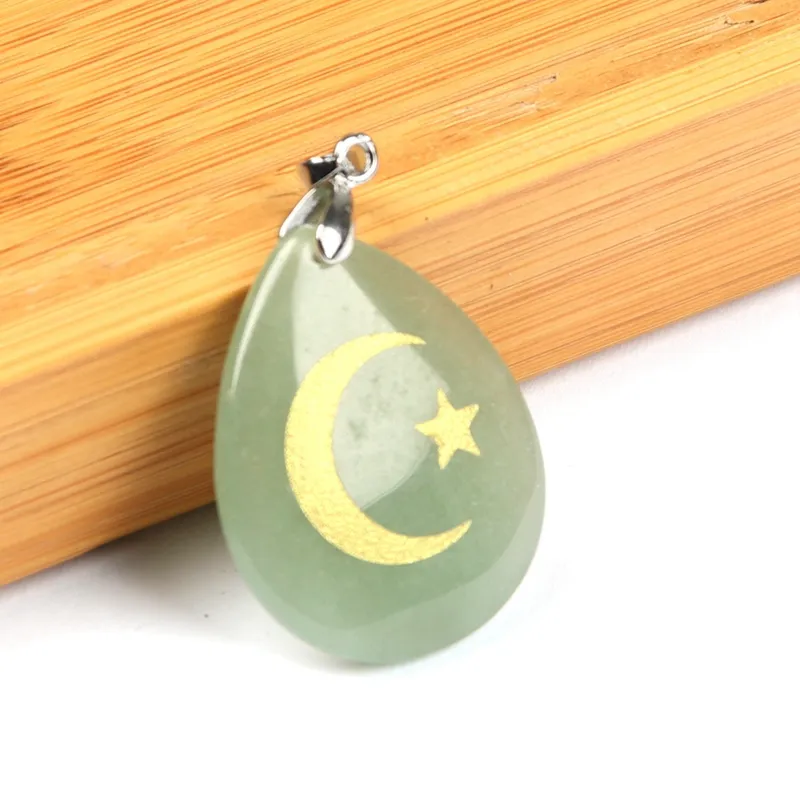 Forma di goccia d'acqua di pietra naturale Aura Cittana a ciondolo Collana incisa a stella islamica Moon Reiki Simbolo Pattern Pendants Heal Crystal Hanging285J