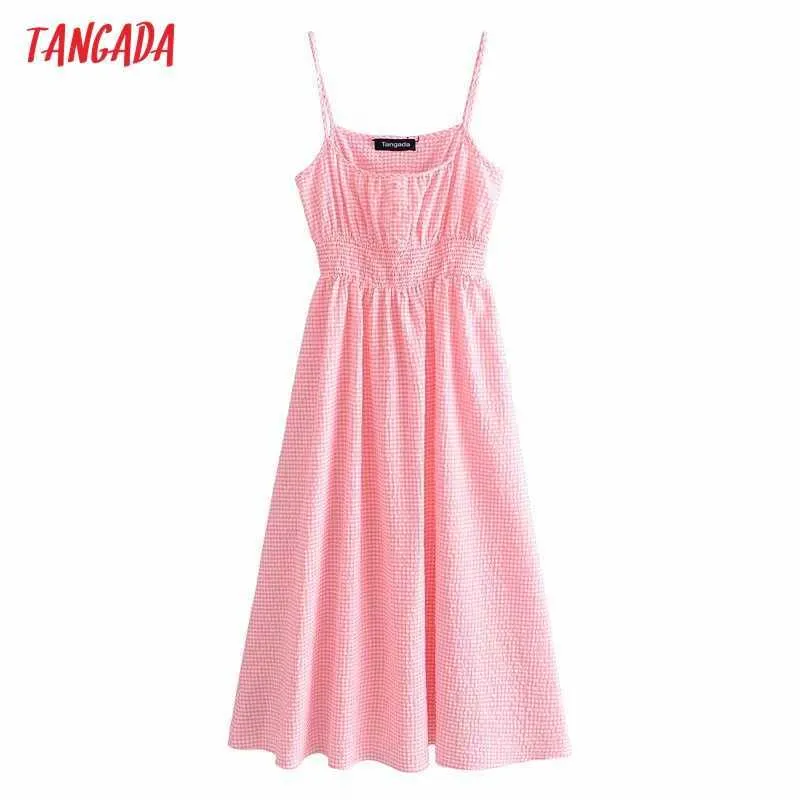 Tangada Femmes Rose Plaid Longue Robe Sangle Sans Manches Mode D'été Dame Robes Élégantes Robe 3H114 210609