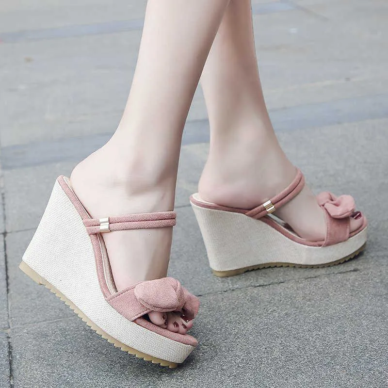 Rimocy Fashion Bow cales plate-forme Sandales Femmes Chunky High Heels Slip on Slippers Femme Open Toe Beach Sandalias Mujer 210528