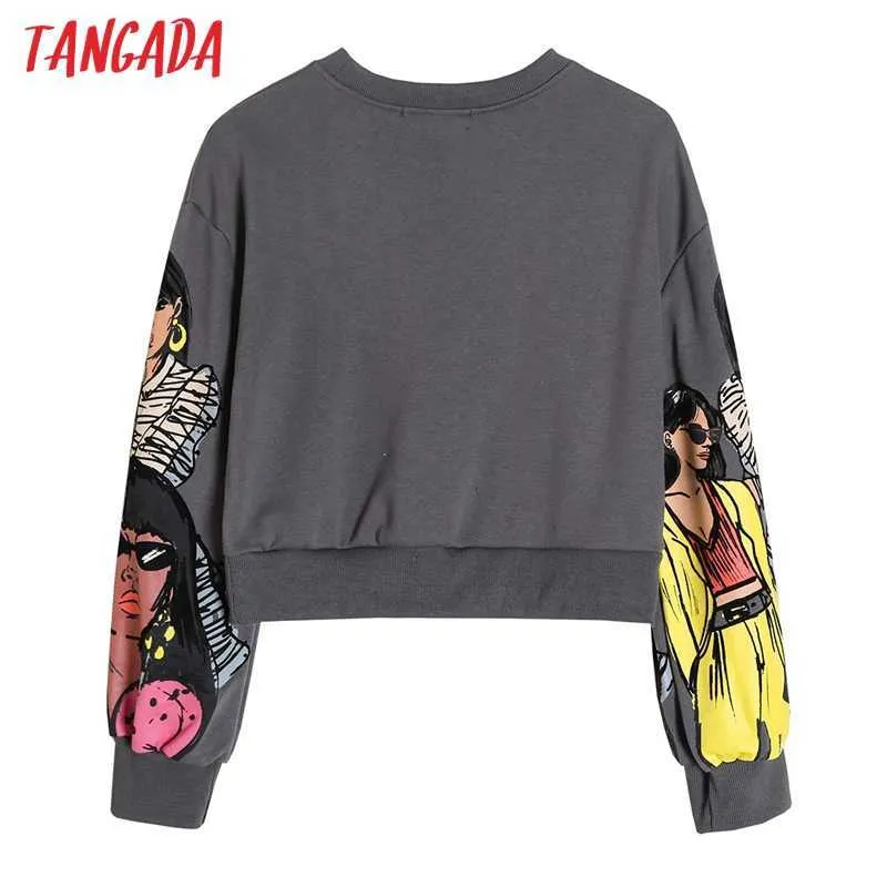 Tangada Women Charater Print Crop Sweatshirts Oversize Long Sleeve Loose Pullovers Female Tops 4H09 210803