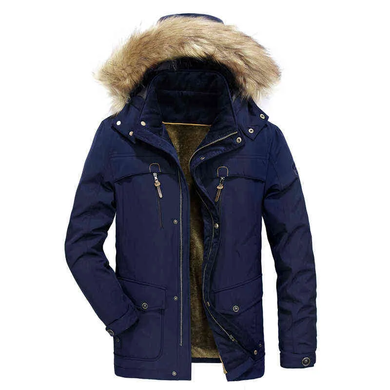 Hombres Parka Invierno Moda Cuello de piel Chaqueta con capucha Hombres Abrigo Militar A prueba de viento Multi-Bolsillo Al aire libre Casual Chaquetas para hombres 211204