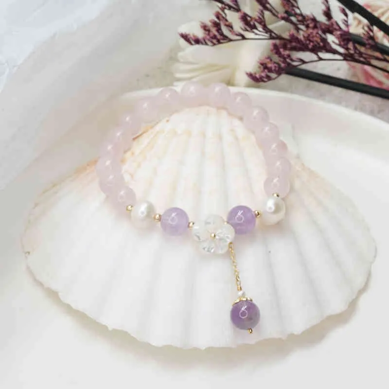 2021 New Shell Flower Natural FRH Water AWater Pearls Pink Quarzo Ametista Beach Braccialetti Beach Bracciali le donne Belle Gioielli YBR337