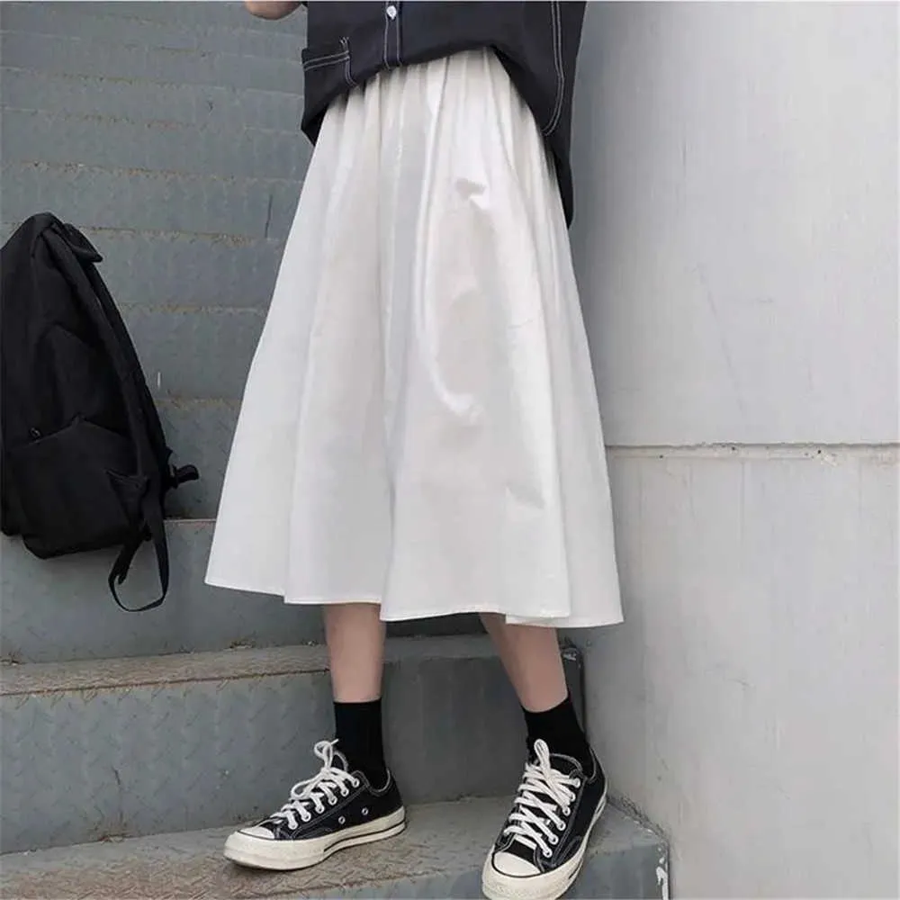 Prosta czarna gotycka podstawowa długa spódnica koreańska elastyczna wysoka talia luźna spódnica dzika ładunek Kobiety Summer White A-Line Spódnica Streetwear 210619