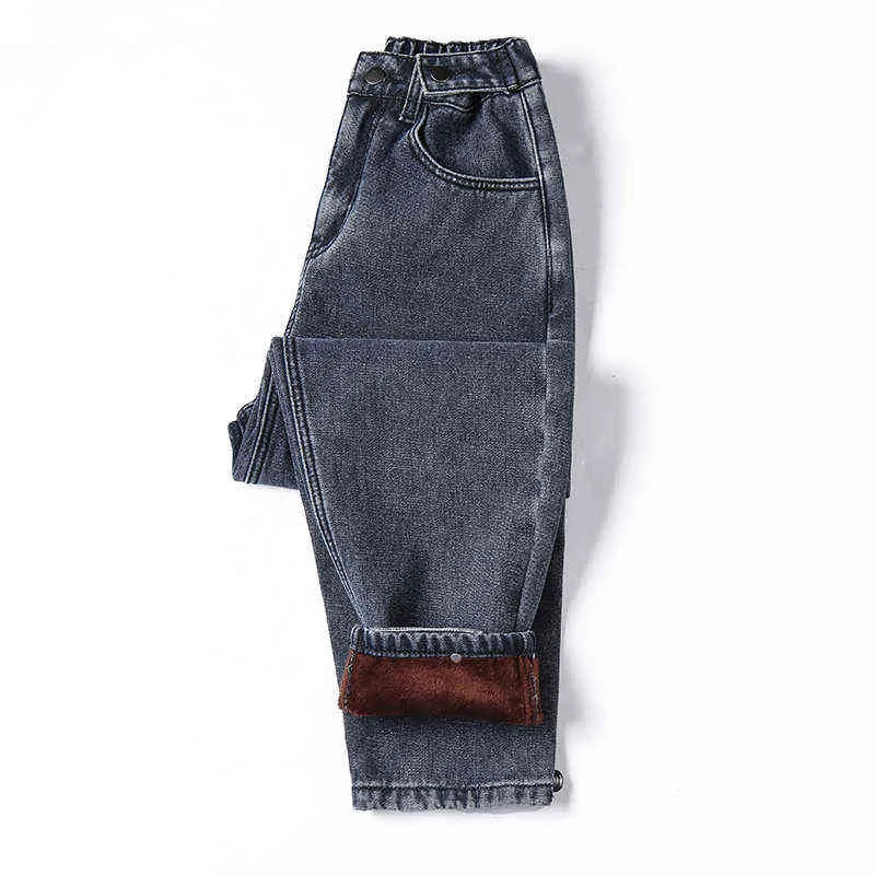 Winter dikke fleece warm los mama harembroek jeans vrouwen hoge taille casual streetwear vrouwelijke blauwe denim broek plus size 5XL 211206