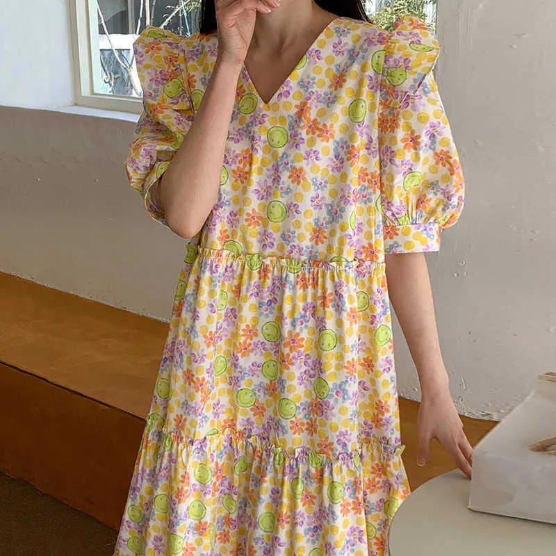 Korejpaa Women Dress Summer Korean Chic Female Retro Western Style V-Neck Wooden Ear Stitching Puff Sleeve Floral Vestidos 210526