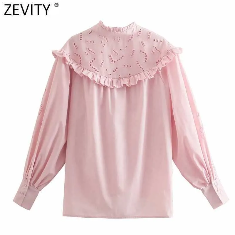 Zeefity Dames Sweet Agaric Kant Holle Borduurwerk Casual Roze Blouse Femme Lange Mouw Ruches Roupas Chic Blusas Tops LS9213 210603