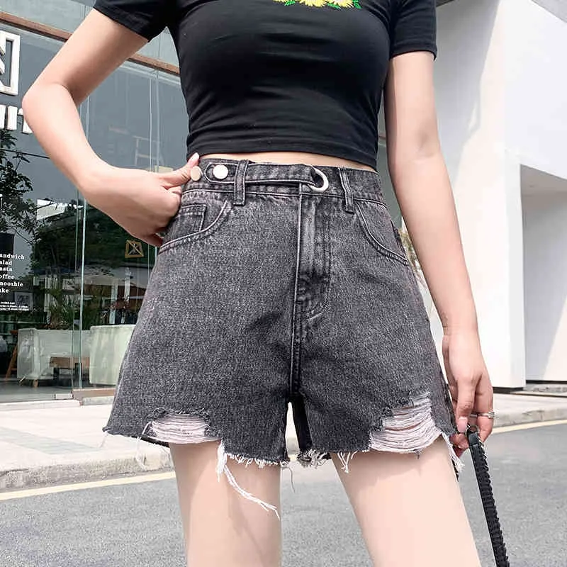 Koreaanse stijl gescheurde shorts losse solide knop brede been dames shirts plus size hoge taille slanke rechte been 9515 210427