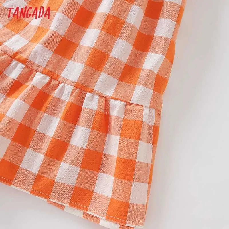 Tangada été femmes Orange Plaid imprimé dos nu longue robe bouffée à manches courtes dames robe d'été 4T11 210609