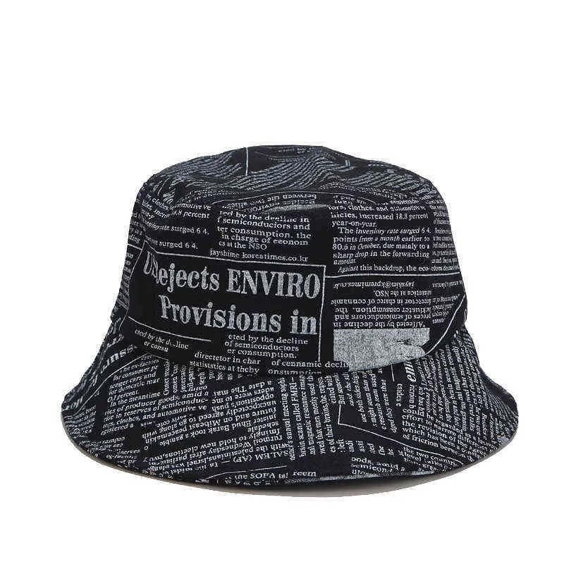 Ins New Spring Summer Fashion Black White Letter Newspaper Pattern Men Cotton Bucket Hats Woman Lady Fisherman Caps ZZ-475 G220311