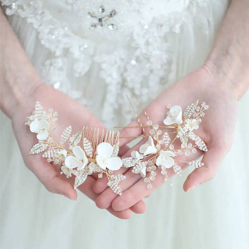 Gibson mariée élégante cheveux accessoires blanc en céramique fleur peigne à cheveux épingles boucle d'oreille fête de mariage casque bijoux X0625