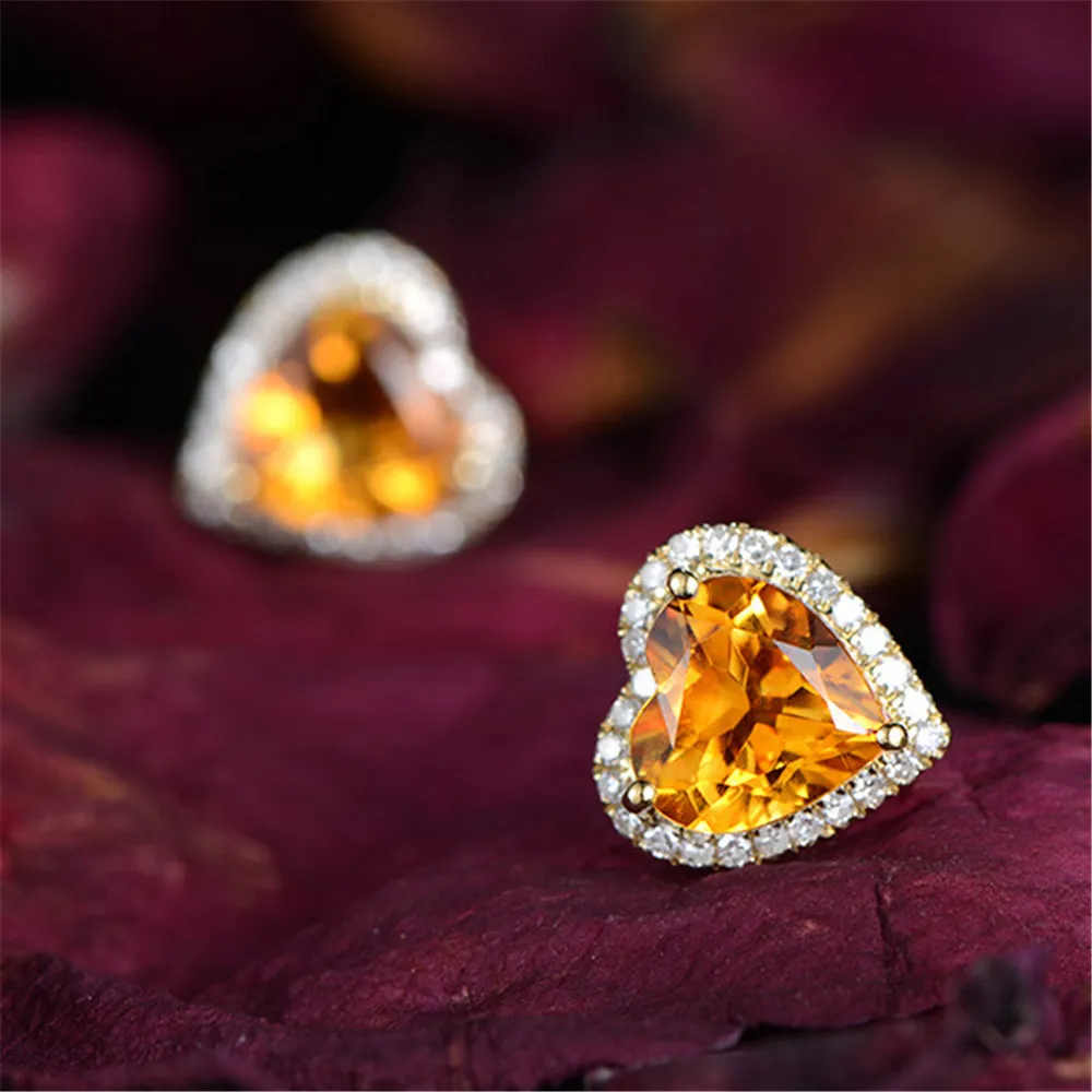 Pendientes de tuerca de cristal amarillo con piedras preciosas de citrino 3 s para mujer, pendientes de circonita con diamantes de color dorado de 18k, joyería de lujo, regalo de corazón