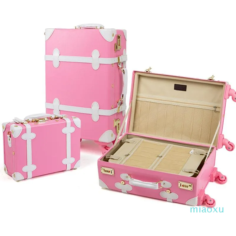 Чемоданы 20, 24, 26 дюймов, набор чемоданов на колесиках, женский чемодан на колесах из искусственной кожи, розовый, модный, ретро, тележка с колесиками Girls235Y