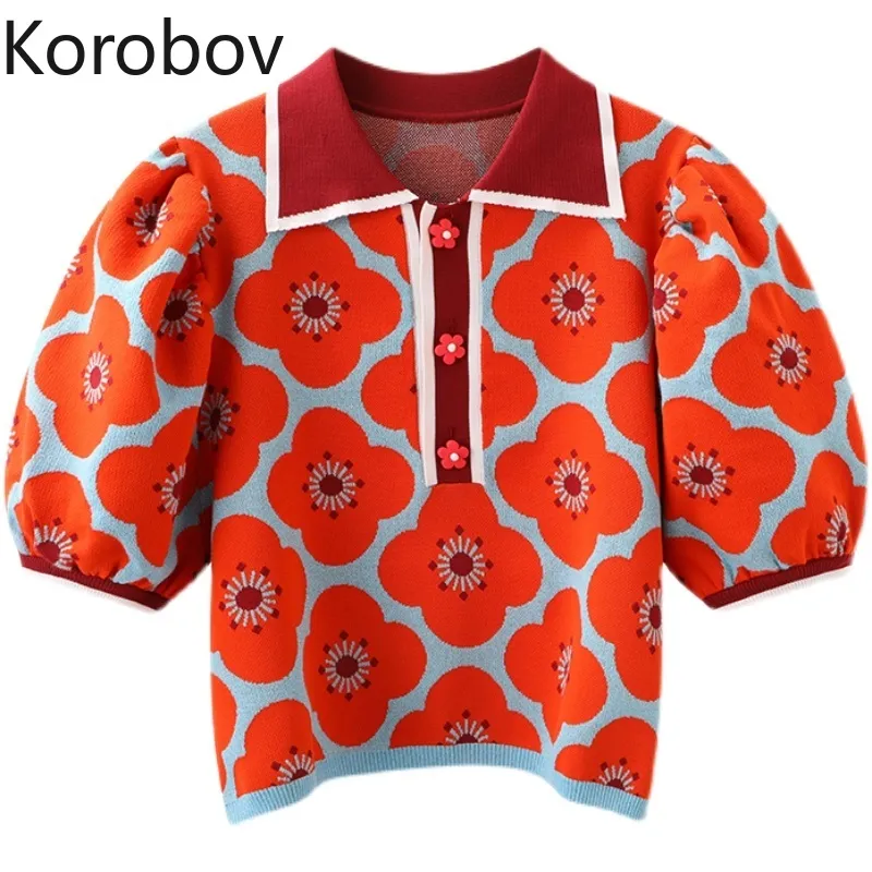 Korobov sommar ny nedbrytning krage puff kortärmad stickade pullovers koreanska blomma mönster knapp träff färg tröja 210430