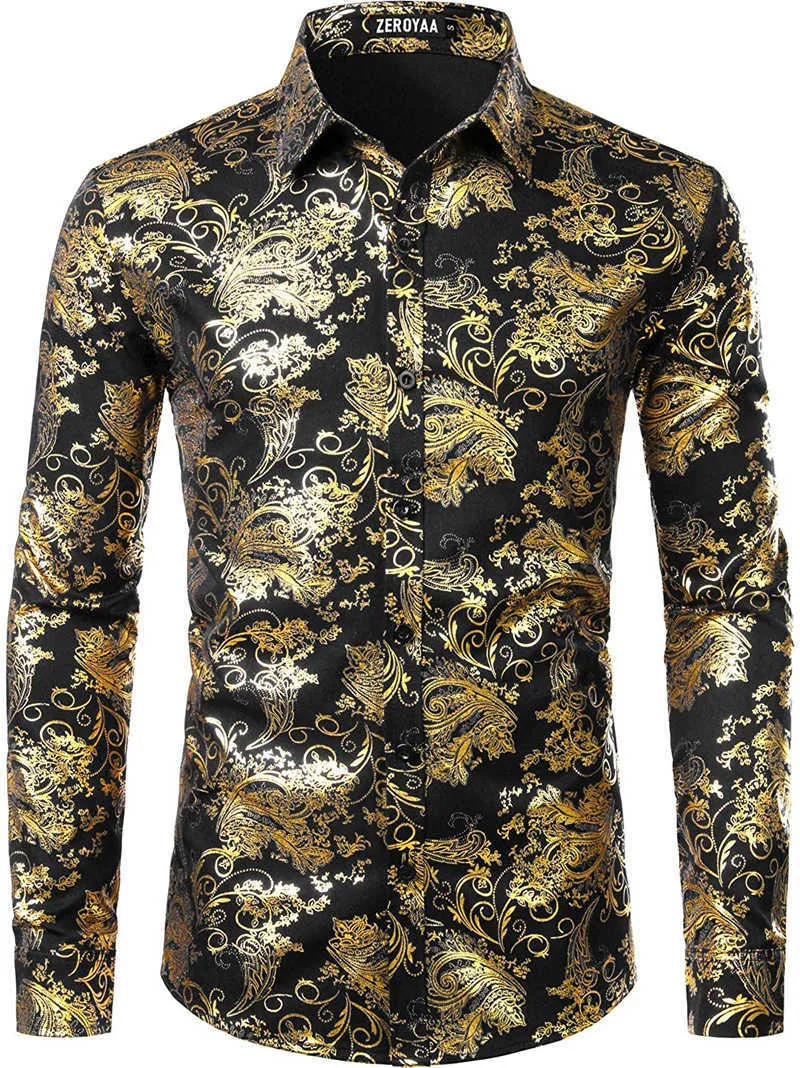 Mens Luxury Paisley Floral Gold Shiny Print Shirts Camisas Stylish Slim Long Sleeve Dress Shirt for Party Prom Show Men Clothing 210721