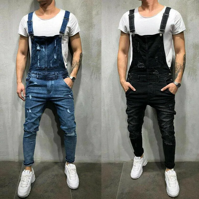 Men Ripped Denim Jeans Mens Fashion Spring Autumn Overalls Dungarees Bib Pants Jumpsuit Casual Trousers