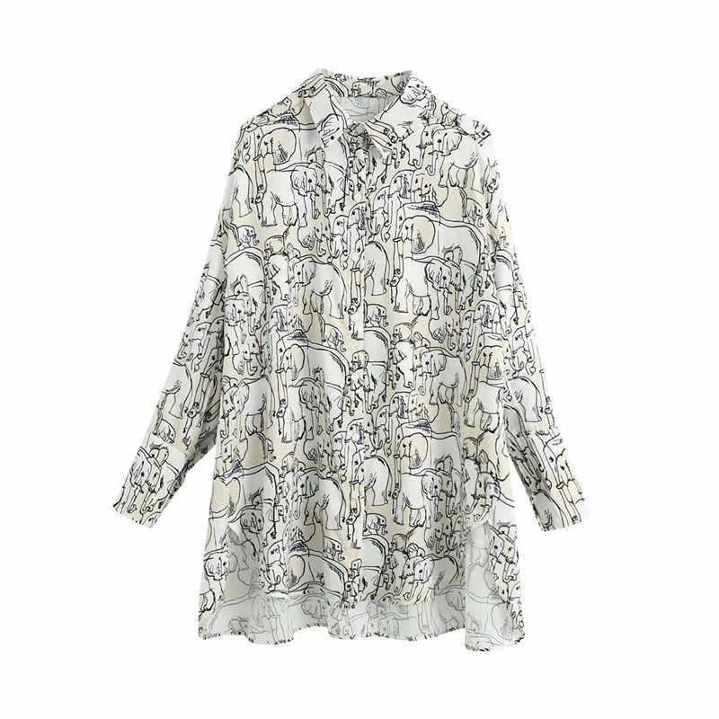 Za Oversize Print Shirt Frauen Chic Asymmetrischer Saum Lose Große Größe Bluse Langarm Animale Muster Frau Vintage Tops 210602