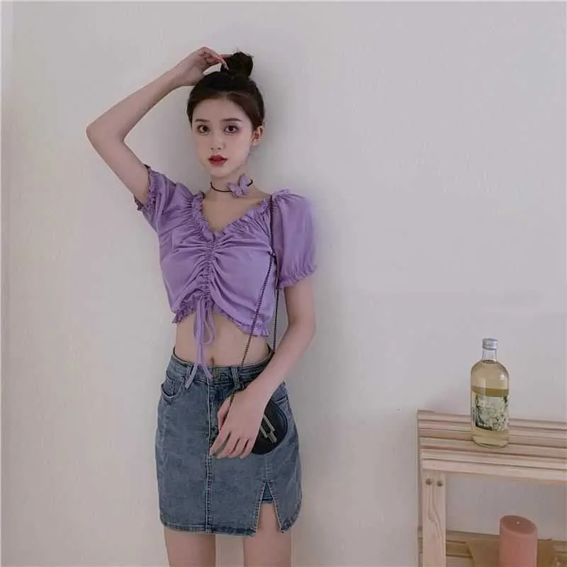 Summer Sweet Puff Sleeve Chiffon Blouse Women Short Ruffles Designer Casual Party Tops Female Solid Sexy Beach Y2k Clothing 210604