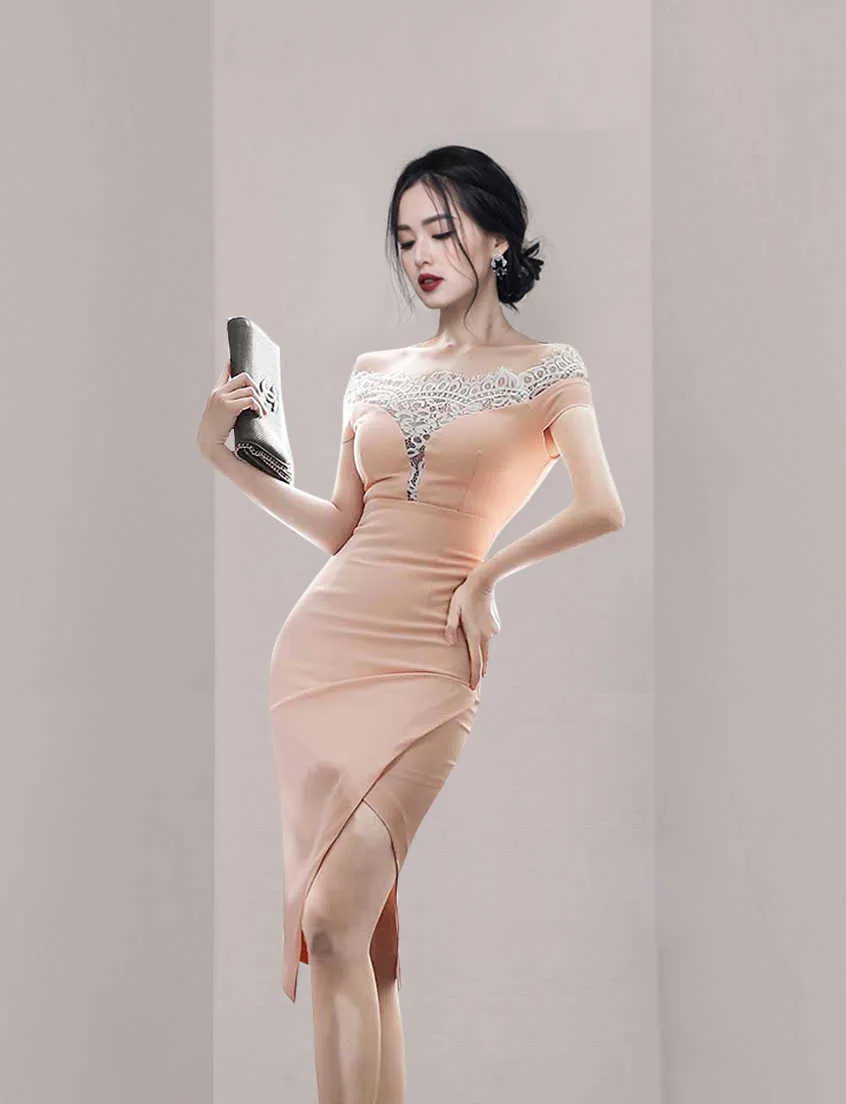 Lace tight Off shoulder dress korean ladies Summer Sexy sleeveless cabaret party office Dresses for women 210602