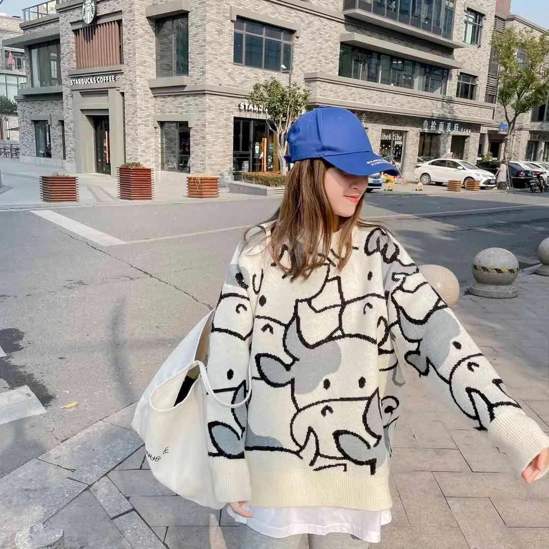 Kobiety Cartoon Cute Sweter i swetry Z Długim Rękawem Zamknij Skoczków Cows Kawaii dla 210430