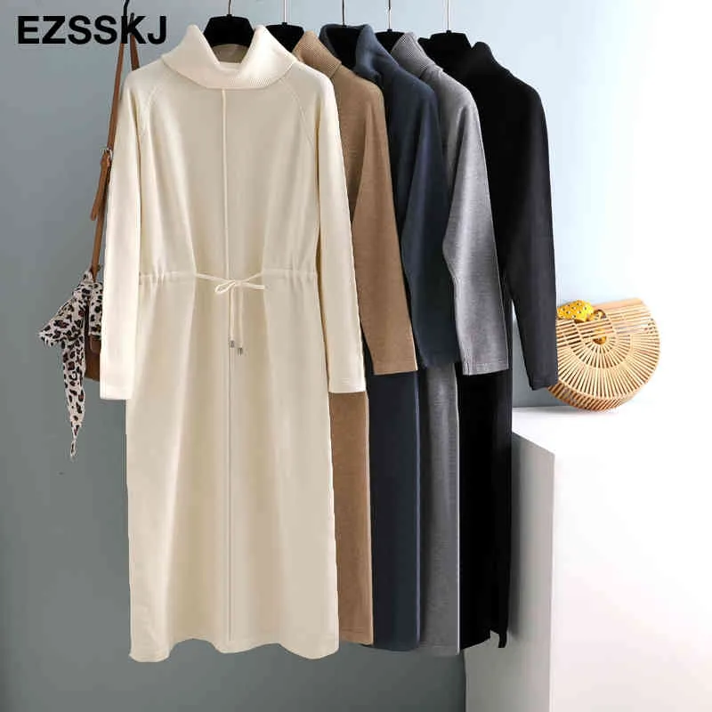 Autumn Winter Women Gurtleneck Longe Sweater Dress Robe Sweaters Dress String Dress Female Oversize Maxi Dress 210322