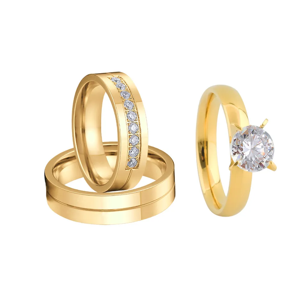 3-teiliges Love Alliance 18 Karat vergoldetes Solitär-Hochzeits-/Verlobungsring-Set für Männer und Frauen, Ewigkeits-Antragsring mit CZ-Diamant