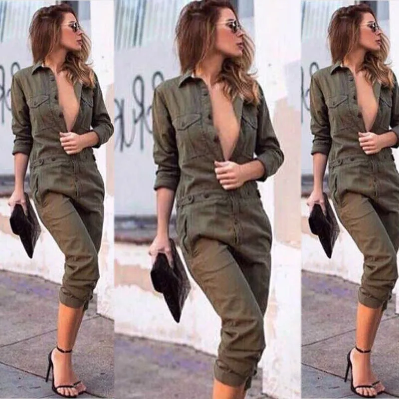 المرأة بذلة الجيش الأخضر السروال القصير s عالية الخصر سليم طويلة الأكمام الأزياء 210513