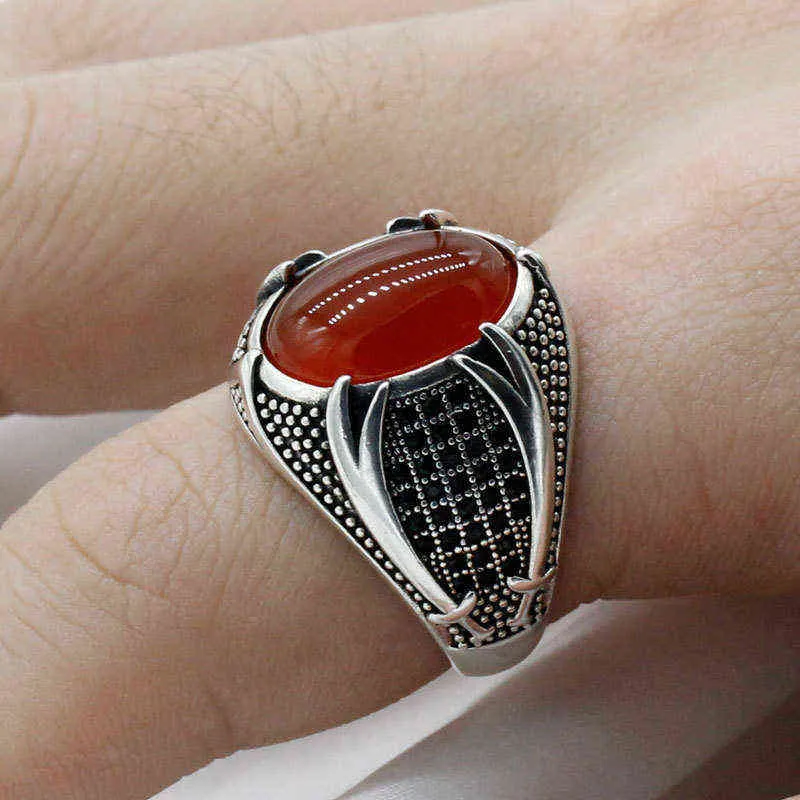 Retro luksusowy naturalny czerwony kamień turecki ręcznie robiony King Crown Pierścień Mężczyźni i kobiety modne