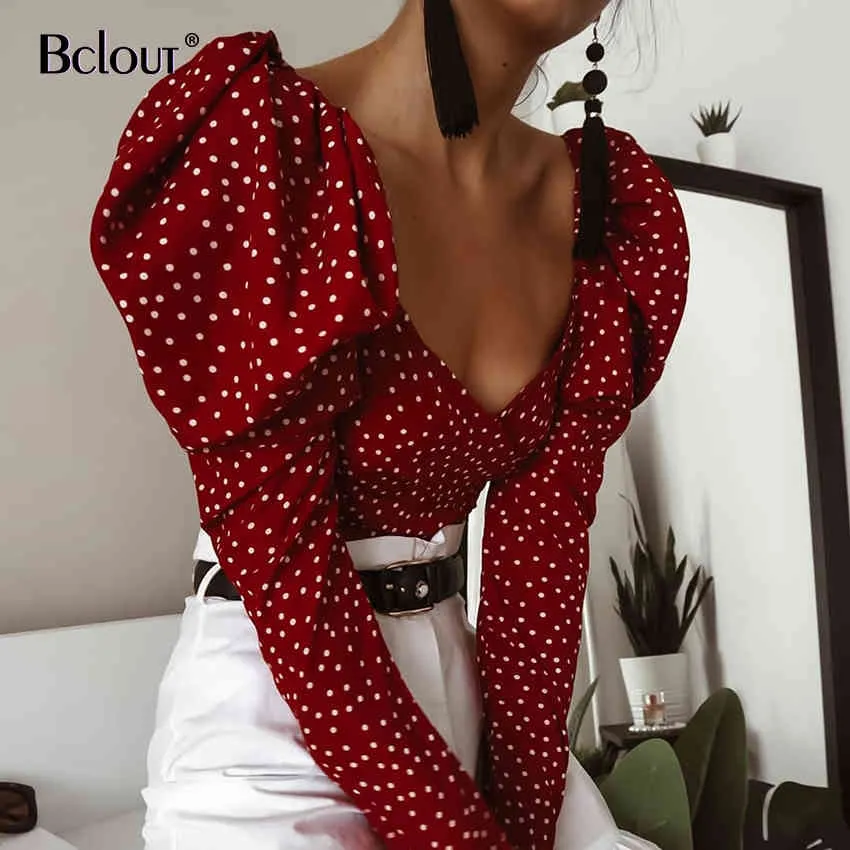 Sexy Crop Top Backless Polka Dot Shirts Women Lace Up Red V-Neck Puff Sleeve Woven Women's Blouse Autumn Summer Streetwear 210326