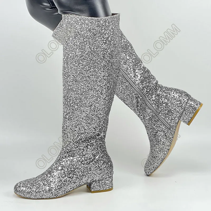Olomm Handmade Женщины Женщины Зимние блеск коленные ботинки унисекс коренастые каблуки вокруг золота золото черное серебряное серебряное туфли для вечеринок в США 5-20