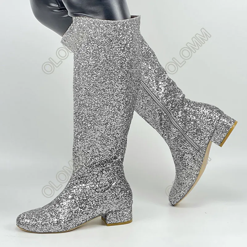 Olomm Handmade Women Winter Glitter Knee Boots Unisex Chunky Heels Round Toe Gold Black Silver Fuchsia Party Shoes US Size 5-20