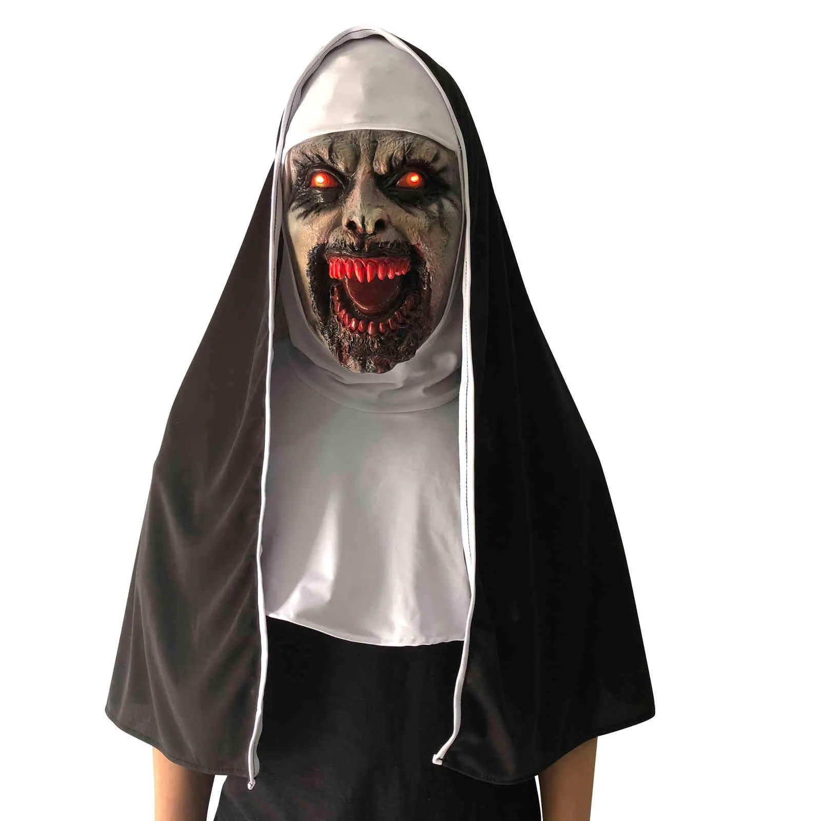 LED Horror Die Nonne Maske Cosplay Gruselige Valak Latexmasken mit Kopftuch Led Licht Halloween Party Requisiten Deluxe