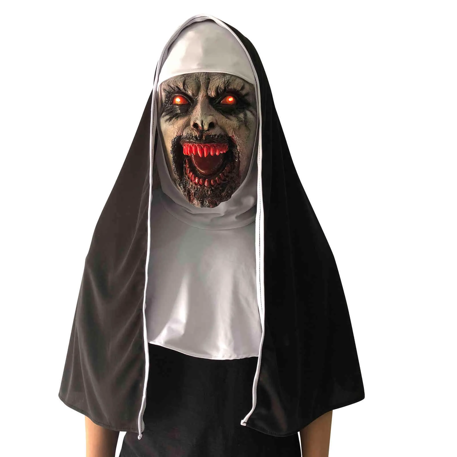 LED-skräck NUN Mask Cosplay Scary Valak Latex Masker med huvudduk LED Light Halloween Party Props Deluxe