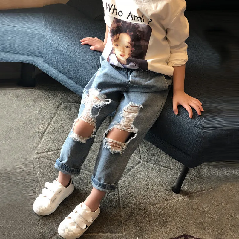 Fashion Boys Girls Jeans Spring Children Ripped Casual Kids Denim Pants Toddler Clothes 210515