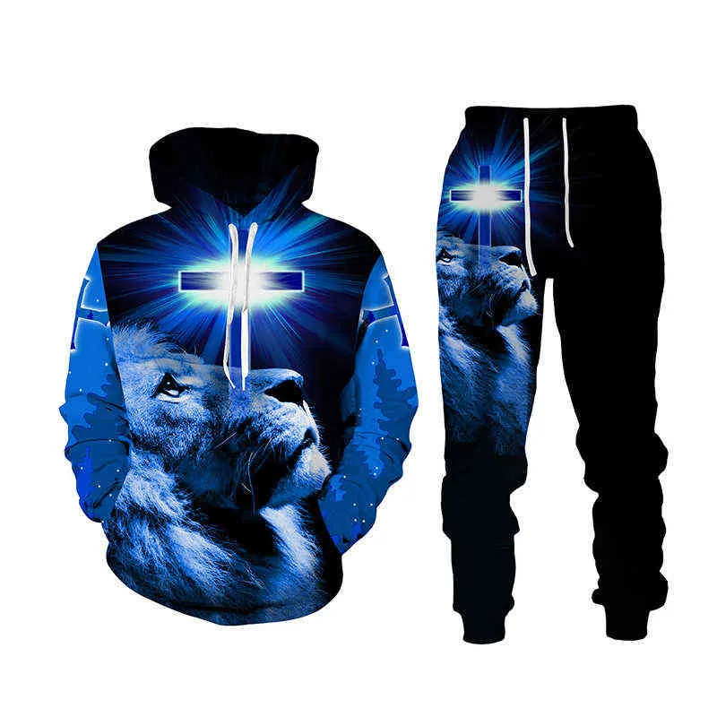 İsa 3D Aslan Baskılı Hoodie + Pantolon İki Parçalı Set Eşofman Erkek Kadın Kapşonlu Tişörtü Sonbahar Ve Kış Erkek Giyim Suit G1217