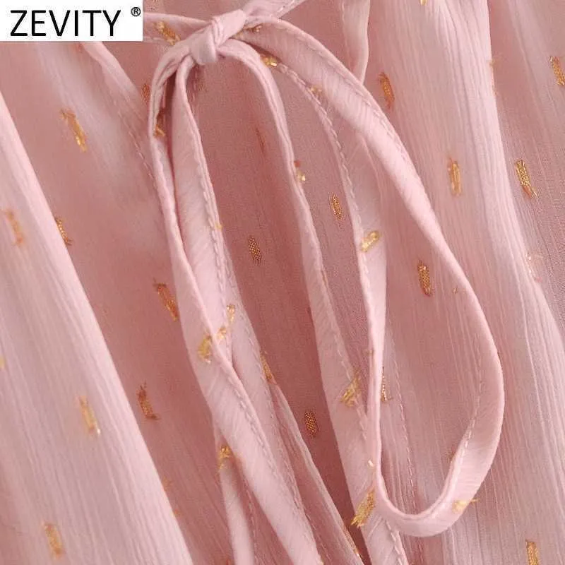 Zevity Women V Neck Lace Up Metal Dekoration Lös Chiffon Blus Kvinna Två Pieces Skjorta Chic Lantern Sleeve Blusas Tops LS9046 210603