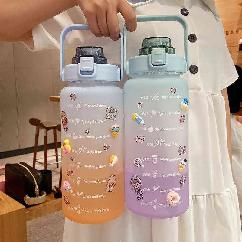 2000ml Stor vattenflaska med Time Marker Portable Läcktät BPA Fri icke-toxisk sportdryckflaska med halmplastkopp Y1120