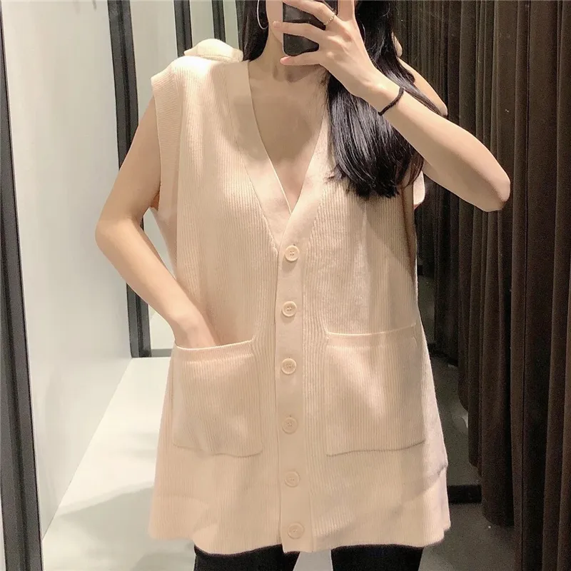 Woman Sweaters Vintage V-neck Pockets Design Ladies Cardigan Sweater Spring Sleeveless Knitted Sweter Vest 210430