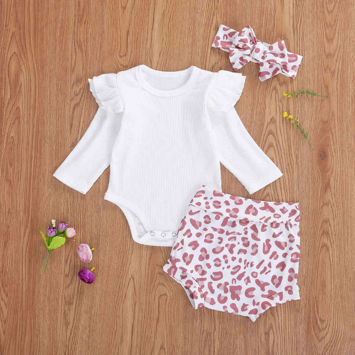 0-18M Rosa Leopard geboren Säugling Baby Mädchen Kleidung Set Rüschen Gestrickte Strampler Shorts Outfits Herbst Frühling Kostüme 210515
