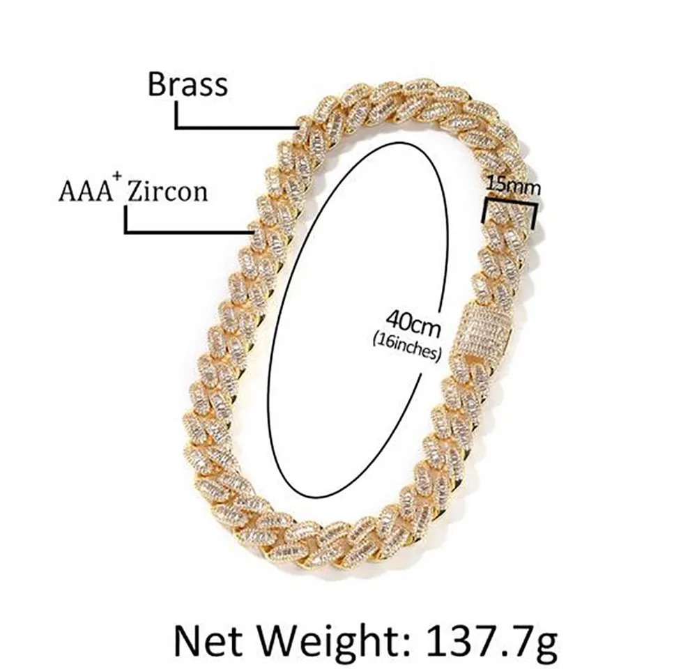 15 mm lange kubanische Baguette-Kette, 14 Karat Weißgold vergoldet, Halskette mit echten Eisdiamanten, kubischer Zirkonia-Schmuck, 35,6–50,8 cm Länge, 284 S