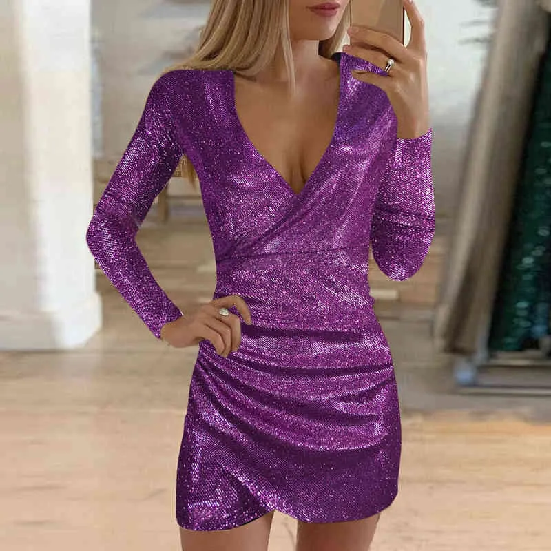 Elegancka kobieta Sukienka Sexy Głębokie V Neck Długi Rękaw Selekcyjna Suknie Slim Ladies Party Costume NightClub Cekiny Suknia Y1204