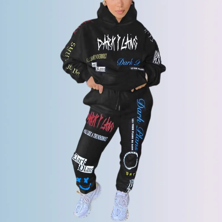 Abbigliamento sportivo Trendy Chic Graffiti Tuta da donna Felpe con cappuccio Pantaloni da jogging Tuta attiva Due pezzi Fitness BF Style Outfit 210525