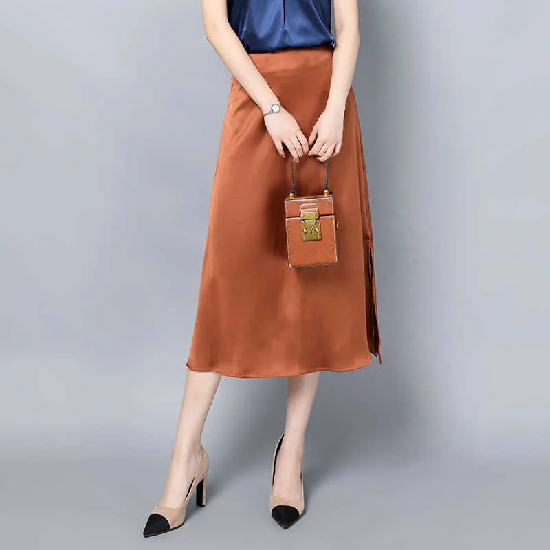 الكورية الحرير التنانير إمرأة الحرير زائد الحجم امرأة عالية الخصر الصلبة bodycon المرأة faldas موهير مودا XL 210531