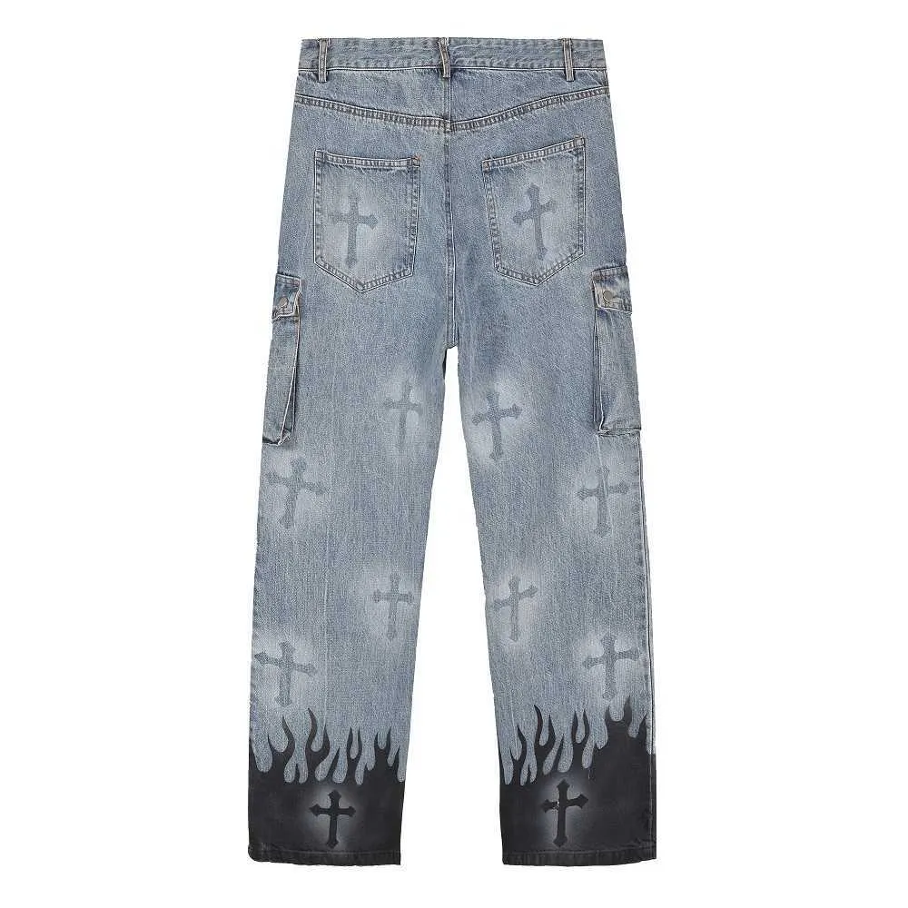 Jeans imprimés de la flamme inledonjm Men Street Porter designer en détresse pour pantalons de cargaison graffitis 057 211011