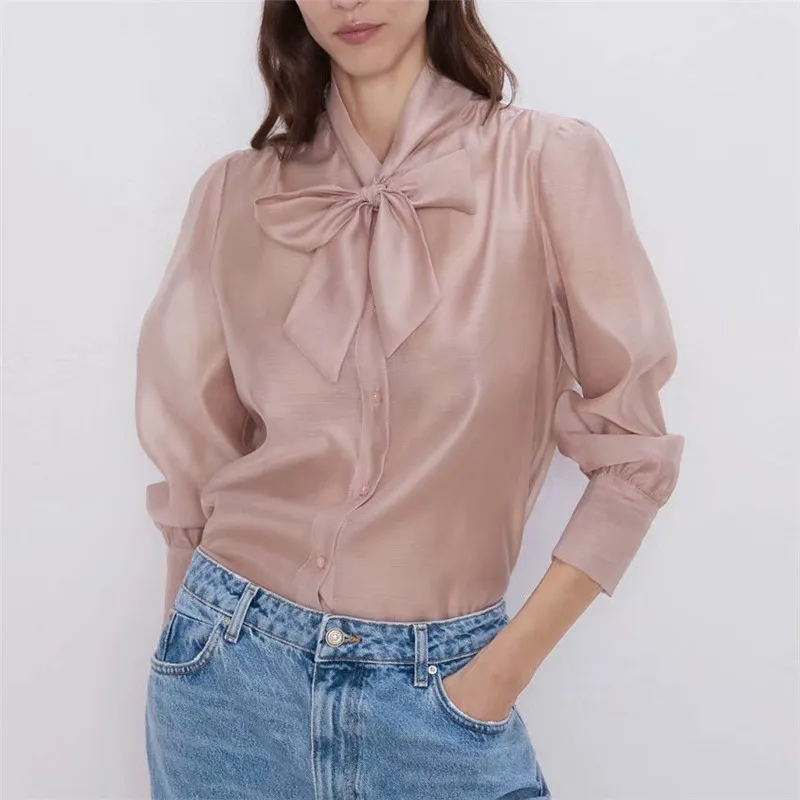 Damska koszula różowa muszka bluzka koreański styl z długim rękawem jesień dama moda topy blusas 210430