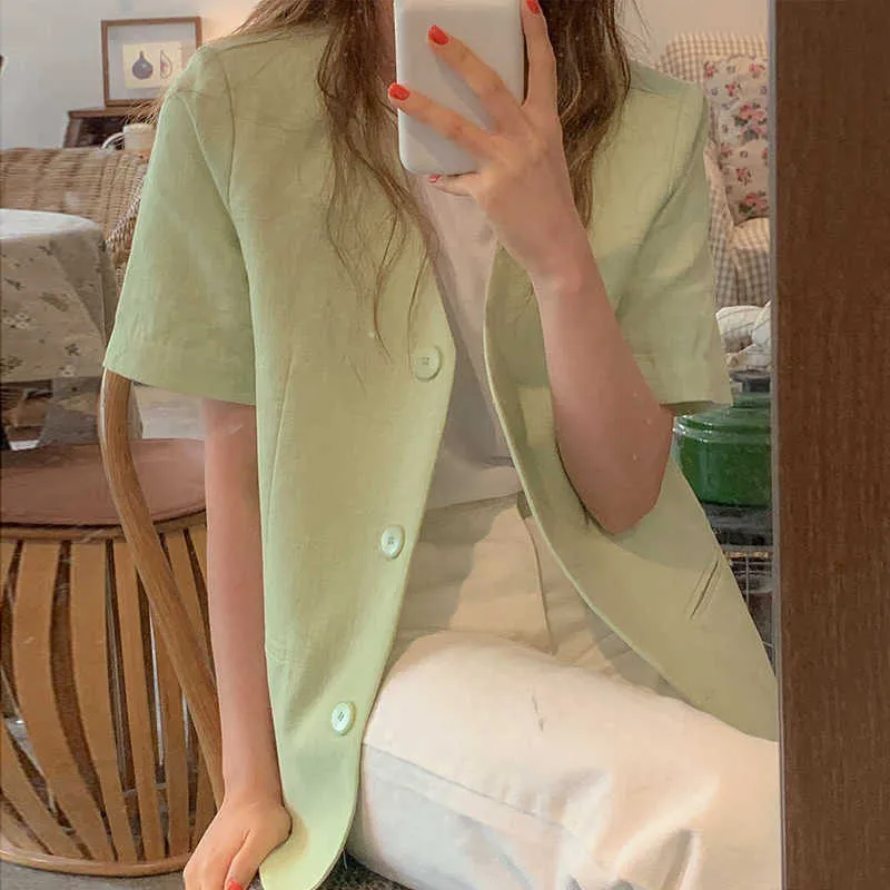 Korjpaa Kvinnor Jacka Sommar Korea Chic Ladies Fresh Green V-Neck Loose Tre-Button Tunn Linen Bomull Kortärmad Blazer 210526