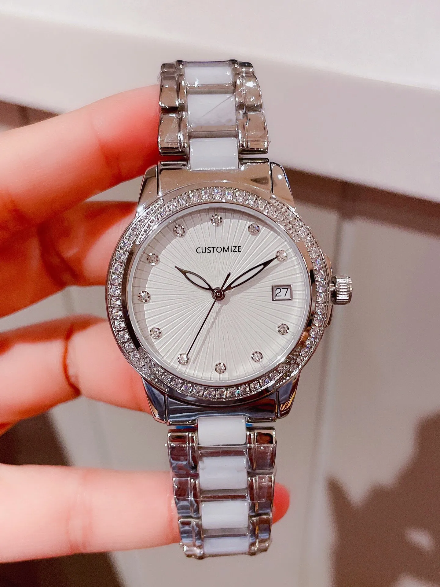 Marke mode Damen AAA zirkone weiß keramik armband uhr frauen kristall quarz Armbanduhr Silber Edelstahl Keramik uhr 35mm